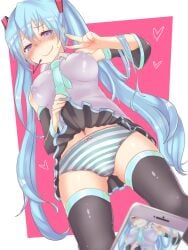 1girls 2d black_skirt black_sleeves black_thighhighs blue_eyes blue_hair blush blush_lines bow_panties cellphone clothed collared_shirt color detached_sleeves eyebrows_visible_through_hair eyes_visible_through_hair female female_only fully_clothed grey_shirt hatsune_miku kusoyuridanchi light-skinned_female light_skin long_hair necktie nervous nipples_visible_through_clothing panties pleated_skirt shirt simple_background skirt skirt_lift sleeveless sleeveless_shirt sweat taking_picture tearing_up thighhighs twintails vocaloid