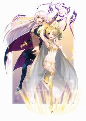 2girls acrylicstroke alternate_color alternate_costume arm_up armpits artist_name black_thighhighs blonde_hair blue_panties bodystocking breasts bridal_gauntlets cleavage commission cosplay covered_navel dark_mage_(fire_emblem_fates) female female_only fire_emblem fire_emblem:_three_houses fire_emblem_awakening fire_emblem_fates full_body high_heels highres lissa_(fire_emblem) long_hair lysithea_von_ordelia medium_breasts multiple_girls nintendo nyx_(fire_emblem)_(cosplay) one_eye_closed outstretched_arm panties pink_eyes revealing_clothes signature small_breasts thighhighs twintails underwear very_long_hair white_hair yellow_panties