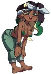 1girls barefoot blush breasts breasts_squeezed_together dark-skinned_female dark_skin earrings feet female goldsden hanging_breasts looking_at_viewer marina_(splatoon) medium_breasts navel nintendo octoling pasties smile splatoon splatoon_2 topless wamudraws