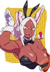 1girls amputee bunny_ears bunny_girl bunnysuit dance_a_key dark-skinned_female dark_skin latex miruko my_hero_academia presenting presenting_breasts prosthetic prosthetic_arm red_eyes rumi_usagiyama shiny_clothes tight_clothing white_fur white_hair