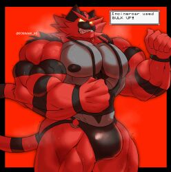 2022 abs absurd_res anthro barazoku biceps big_bulge big_muscles black_border bodily_fluids border bulge clenched_teeth clothing english_text flexing fur generation_7_pokemon glowing glowing_eyes hi_res huge_bulge huge_muscles incineroar jockstrap male male_only muscular muscular_anthro muscular_male musk nintendo nipples pecs pokemon pokemon_(species) quads red_background robinmg_45 shirt simple_background solo standing sweat tank_top teeth text text_box thick_thighs topwear tuft underwear url vein video_games