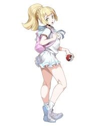 1girls backpack bag bare_legs blonde_hair breasts clothing female female_only footwear game_freak genzoman human lillie_(pokemon) looking_back miniskirt nintendo nipple_bulge open_mouth pale_skin pinup pokeball pokemon pokemon_sm ponytail shoes skirt small_breasts socks solo thick_thighs thighs white_background white_socks