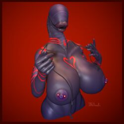 1:1 3d_(artwork) annelid anthro big_breasts black_body black_skin border breasts demon digital_media_(artwork) female jinn leech muscular muscular_anthro nipples nude red_border simple_background sinshaar solo tattoo yetzer_hara