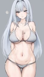 ? after_paizuri arms_behind_back ass_visible_through_thighs bare_shoulders blue_eyes blush bra breast_tattoo breasts cleavage closed_mouth cowboy_shot cum cum_on_body cum_on_breasts ethel_(xenoblade) expressionless female grey_background grey_bra grey_hair grey_panties hair_intakes haoni heroes_(xenoblade_3) highres large_breasts long_hair looking_at_viewer navel panties simple_background solo speech_bubble spoken_question_mark stomach straight straight_hair tattoo thigh_gap toned underwear underwear_only very_long_hair xenoblade_(series) xenoblade_chronicles_3