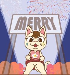 animal_crossing anthro clothed clothing clothing_lift felid feline female fireworks genitals looking_down mammal merry_(animal_crossing) nintendo presenting presenting_pussy pussy shirt shirt_lift smoke solo topwear video_games weirdkoaladream