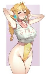 1girls bimbo_peach_(monstrousfrog) blonde_hair blue_earrings blue_eyes blush clothing collar crown earrings female female_only hair hips lips mario_(series) nintendo oregano princess_peach shirt skimpy skimpy_clothes solo spiked_collar standing thick_thighs thighs topwear twintails white_shirt