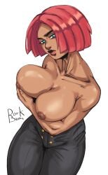 big_breasts blue_eyes brazilian brazilian_female breasts dark-skinned_female dark_skin dorkbum female giovanna_(guilty_gear) guilty_gear guilty_gear_strive huge_breasts large_breasts nipples nude red_hair shiny short_hair