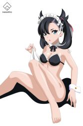 black_hair breasts detached_collar earrings green_eyes indexryo looking_at_viewer maid maid_bikini maid_headdress maid_uniform marnie_(pokemon) medium_breasts nintendo pokemon pokemon_ss ribbon_in_hair sitting swimsuit twintails