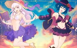 2girls :d absurdres adapted_costume alternate_costume alternate_eye_color bikini black_bikini black_skirt black_swimsuit blue_eyes blue_hair book breasts cleavage collarbone female female_only fire_emblem fire_emblem:_three_houses fire_emblem_awakening flower front-tie_top hat high_heels highleg highleg_bikini highres holding holding_book layered_bikini long_hair long_sleeves lysithea_von_ordelia medium_breasts morgan_(fire_emblem) morgan_(fire_emblem)_(female) multicolored_bikini multicolored_clothes multiple_girls navel nintendo off_shoulder open_mouth pink_eyes purple_bikini purple_skirt purple_swimsuit robe see-through see-through_skirt short_hair sideboob skirt smile sun_hat sunrise swimsuit truejekart two-tone_bikini white_bikini white_hair white_swimsuit