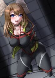 absurd_res angry angry_sub big_breasts black_bodysuit black_legwear blue_eyes blush bondage breast_tattoo breasts brown_hair cleavage embarrassed eunie_(xenoblade) female female_only femsub green_shirt highres jacket kneeling large_breasts legwear nintendo noir_au_laut skin_tight submissive submissive_female tank_top thick_thighs thighs wings xenoblade_(series) xenoblade_chronicles_3