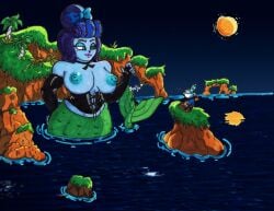 areolae big_penis blue_eyes cala_maria cuphead_(game) exposed_breasts female giantess huge_breasts large_breasts larger_female mermaid mermaid_giantess mugman purple_skin smaller_male tagme_(artist) the_cuphead_show wide_hips