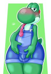 anthro ass balls big_butt blush bodily_fluids boyhowdy bulge clothing dinosaur drooling femboy fondling fondling_penis fondling_self genitals hi_res looking_at_viewer male male_only mario_(series) nintendo overalls reptile saliva scalie shortalls solo thick_thighs tongue tongue_out video_games wide_hips yoshi yoshi_(character)