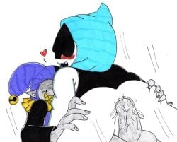 2boys bottom_on_top darkner deltarune deltarune_chapter_1 gay jevil_(deltarune) lancer_(deltarune) male male/male male_only undertale_(series) white_background yaoi