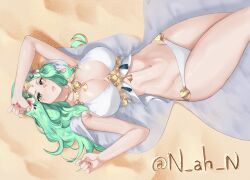 1girls alternate_costume beach bikini blush breasts cape cleavage female female_only fire_emblem fire_emblem:_three_houses fire_emblem_heroes flower green_eyes green_hair hair_flower hair_ornament highres large_breasts long_hair lying n_ah_n navel nintendo official_alternate_costume on_back rhea_(fire_emblem) rhea_(summer)_(fire_emblem) sand solo swimming swimsuit wavy_hair white_bikini white_swimsuit