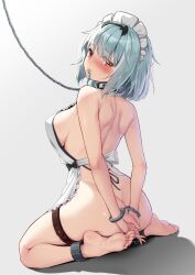 ankle_cuffs apron apron_only ass blue_hair bondage bound breasts chain_leash collar coolry female hair_ornament handcuffs key key_in_mouth kneeling large_breasts leash looking_at_viewer maid maid_apron maid_headdress original_character phantasy_star phantasy_star_online_2 red_eyes restrained seiza short_hair slave tears