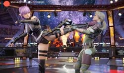 2girls 3d 3d_(artwork) absurd_res arena armor ayane_(doa) beaten blender blonde_hair cassie_cage catfight choking dead_or_alive dominant dominant_female domination dominatrix female_domination femdom fight fingerless_gloves helpless highres jvfemdom kick kicking leather leather_clothing legs lezdom military military_uniform mortal_kombat mortal_kombat_11 ponytail purple_hair red_eyes short_hair sword tekken thick_thighs thighs tight_clothing wrestlingryona yuri