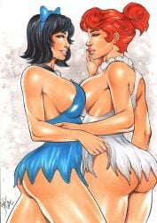 2girls betty_rubble black_hair breasts cowboy_shot curvaceous curvy_female curvy_figure dress ed_benes_studio female_focus female_only ginger_hair hanna-barbera highres huge_breasts imminent_sex lanio_sena lesbian short_hair the_flintstones thighs voluptuous voluptuous_female wilma_flintstone yuri