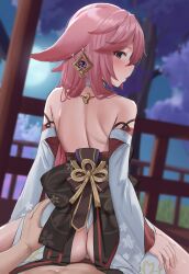 1boy absurdres animal_ears ass ass_grab back back_bow bare_shoulders black_bow bow closed_mouth cowgirl_position detached_sleeves ears_down female fox_ears from_behind genshin_impact highres long_hair long_sleeves looking_at_viewer looking_back magatama panties pink_hair pov purple_eyes reverse_cowgirl_position shengtian solo_focus spread_legs straddling straight underwear white_panties wide_sleeves yae_miko