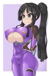 1girls 2022 akiyama_rinko_(cosplay) black_eyes black_hair blush bodysuit breasts cosplay crossover embarrassed female hi_res hips huge_breasts k-on! long_hair massive_breasts mio_akiyama_(k-on!) outfit_swap ponytail taimanin_(series) taimanin_yukikaze thick_thighs thighs tight_clothing tight_fit underboob_cutout wide_hips young_savage