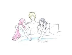 1boy 2girls bed black_hair blonde_hair friends hugging husband_and_wife jealous long_hair multiple_females multiple_girls multiple_pregnancies namikaze_minato naruto naruto_(series) naruto_shippuden night_dress on_bed pajamas pout pouting pregnant pregnant_female red_hair sharing shirtless shirtless_(male) swingers uchiha_mikoto under_covers uzumaki_kushina xoshikaizluvox