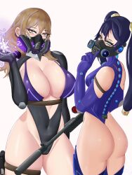 2girls alternate_version_available armwear ass back back_view big_ass big_breasts blue_eyes breasts brown_hair cameltoe cleavage cyberpunk dark_blue_hair face_mask female female_only gas_mask genshin_impact gloves green_eyes hair holding_weapon huge_ass huge_breasts katopan legwear lisa_(genshin_impact) looking_back mature mature_female mature_woman mona_(genshin_impact) multiple_girls no_background skimpy skimpy_clothes sniper thick_thighs thighs twintails vision_(genshin_impact) weapon white_background