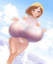 1girls beach big_breasts breasts_bigger_than_head breasts_bigger_than_torso enormous_breasts gigantic_breasts hanging_breasts huge_breasts hyper hyper_breasts looking_at_viewer masamasa massive_breasts short_hair swimwear tagme upscaled water wet wet_shirt