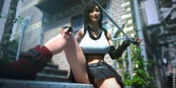 1girls 3d abs black_panties blurred_background blurry blurry_background boots breasts brown_eyes brunette cleavage earrings female female_only final_fantasy final_fantasy_vii final_fantasy_vii_remake gloves hands_on_knees hands_up lewdink long_hair looking_at_another looking_away outdoors panties sitting skirt sky smile solo straps street thick_thighs thong tifa_lockhart upskirt white_top