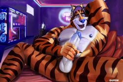 absurd_res ahe_gao anthro bed bedroom ekoi1995 fake_cat_ears fake_ears felid frosted_flakes furniture headphones hi_res kellogg's looking_pleasured male male_only mammal mascot masturbation microphone muscular muscular_anthro muscular_male nipples pantherine pubes solo tiger tony_the_tiger virtual_youtuber vtuber