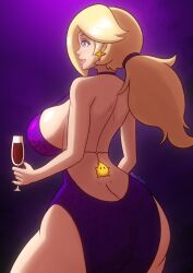 1girls alternate_ass_size alternate_breast_size ass ass_in_dress back back_view beg4cake big_ass big_breasts bimbo blonde_hair blue_eyes breasts clothing dress earrings female female_only glass hair lips mario_(series) mature mature_female mature_woman nintendo ponytail princess_rosalina purple_dress sideboob solo solo_female star super_mario_galaxy thick_lips wine_glass