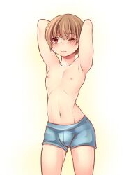 1boy armpits arms_up banira_(pixiv) blush boxers brown_hair bulge gintama hands_behind_head light_brown_hair male male_only okita_sougo one_eye_closed red_eyes solo tears topless topless_male twink underwear