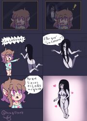 1boy 1girls ass black_hair blush breasts comic comic_page cute elf elf_ears feet female funny ghost ghost_girl hair long_hair magitheelf male nipples no_underwear nude original_character pink_eyes pointy_ears pussy spanish_text the_ring vagina white_body white_eyes yamamura_sadako