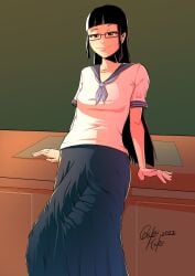 1futa bakuhaku bangs black_hair bulge casual clothed clothing erection erection_under_clothes erection_under_skirt fully_clothed futa_only futanari glasses human light-skinned_futanari light_skin long_hair long_penis penis penis_to_the_knees penis_under_clothes skirt solo standing