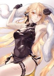 absurdres blonde_hair breasts china_dress chinese_clothes cleavage closed_mouth commentary_request dress female girls'_frontline gloves highres lingerie long_hair looking_at_viewer lying on_back orange_eyes ots-14_(girls'_frontline) simple_background solo suprii underwear