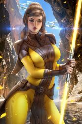 1girls alternate_version_available athletic_female ayyasap bastila_shan big_breasts blue_eyes brown_hair female female_only huge_breasts human jedi large_breasts lightsaber long_hair lucasfilm pinup solo solo_female solo_focus star_wars tied_hair yellow_lightsaber