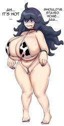 1girls bare_shoulders big_breasts bikini breasts cameltoe choker cleavage cow_bikini cow_print dialogue english_text female female_only grey_impact hex_maniac huge_breasts navel nintendo nipple_bulge open_mouth pokemon purple_eyes purple_nail_polish simple_background solo solo_female spiral_eyes sweat text thick_thighs voluptuous white_background wide_hips