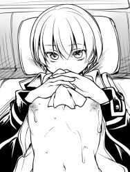 banira_(pixiv) bare_chest car car_interior clasped_hands femboy gintama looking_at_viewer male male_only monochrome okita_sougo open_jacket open_shirt partially_undressed pecs short_hair solo sweat upper_body