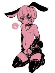 adapted_costume banira_(pixiv) blush bunny_boy bunny_ears bunny_tail detached_collar detached_sleeves femboy full_body gintama heart-shaped_pupils kneeling male male_only male_playboy_bunny male_pregnancy monochrome nervous_smile okita_sougo pregnant short_hair shorts smile solo sweat thighhighs topless topless_male twink wavy_mouth