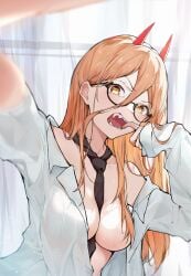 1girls big_breasts blonde_hair breasts chainsaw_man demon demon_girl demon_horns exposed_breasts eye_contact female female_focus female_only glasses hermityy horns long_hair looking_at_viewer orange_eyes partially_clothed power_(chainsaw_man) sharp_teeth solo upper_body wet_clothes