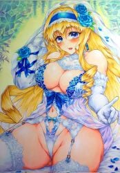 1girls big_breasts blonde_hair blue_eyes blush bow breasts busty cecilia_alcott cleavage dress drill_hair female female_only garter_straps hairbow highres infinite_stratos large_breasts legs navel sitting smile solo spread_legs thick_thighs thighs thong traditional_media voluptuous wedding_dress