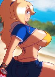 1girls armwear beg4cake big_breasts bikini bikini_bottom bikini_top blonde_hair blue_shorts blue_topwear bottomwear bracelet breasts earrings female female_only hair hair_over_one_eye huge_breasts jean_shorts lips mario_(series) mature mature_female mature_woman nintendo ponytail princess_rosalina shorts sideboob solo solo_female super_mario_galaxy swimsuit swimwear thick_lips thighs topwear