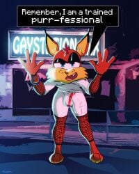 anthro avioylin bedroom_eyes bubsy bubsy_(series) bulge clothing dialogue felid feline fishnet fishnet_legwear flaccid genital_outline genitals hi_res legwear looking_at_viewer lynx makeup male male_only narrowed_eyes open_mouth penis penis_outline prostitution quote solo