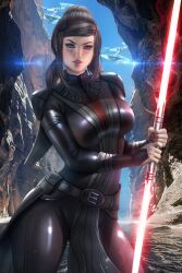 1girls alternate_version_available athletic_female ayyasap bastila_shan big_breasts blue_eyes brown_hair female female_only huge_breasts human large_breasts lightsaber long_hair lucasfilm red_lightsaber sith solo solo_female solo_focus star_wars tied_hair