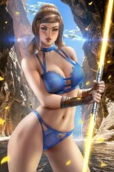 ayyasap bastila_shan blue_eyes blue_lingerie brown_hair double_bladed_lightsaber jedi knights_of_the_old_republic large_breasts lightsaber lingerie looking_at_viewer panties pinup podracing star_wars yellow_lightsaber