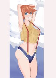 1girls areolae armpits arms_behind_head big_breasts blue_eyes blue_shorts bottomwear breasts centvie female female_only grin hair kasumi_(pokemon) nipples nipples_visible_through_clothing orange_hair pokemon pokemon_(anime) posing short_hair short_shorts shorts smile solo solo_female steam steamy_armpits suspenders thick_thighs thighs topwear yellow_topwear