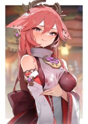 1girls absurdres animal_ears blurry blurry_background blush breasts breath closed_mouth clothed_female clothes_pull commentary detached_sleeves earrings female fox_ears genshin_impact grabbing_own_breast half-closed_eyes headpiece highres japanese_clothes jewelry licking_lips light-skinned_female light_skin long_hair looking_at_viewer medium_breasts necklace obi pink_hair pomesaurus_(pomesubrus) pulled_by_self purple_eyes sash seductive_smile smile solo solo_female sweat tongue tongue_out upper_body wet wet_clothes wide_sleeves yae_miko