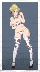 alternate_costume areola_slip arm_under_breasts big_breasts bikini blonde_hair blush cleavage cow_bikini cow_ears cow_girl cow_horns cow_print cow_print_thighhighs cowbell embarrassed facial_scar female female_only full_body gintama hair_ornament high_heels horns large_areolae looking_away nipple_bulge redshyheart scar solo standing thighhighs tied_hair tsukuyo wide_hips zettai_ryouiki