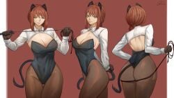 1girls ass braided_hair breasts cat_ears cat_tail chainsaw_man female female_focus female_only fully_clothed gelldraws leotard long_hair makima_(chainsaw_man) pantyhose red_hair solo solo_female standing tail thick_thighs whip