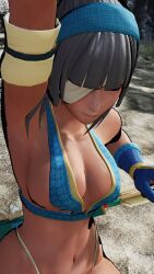 1girls 3d arm_up armpits big_breasts bow breasts busty cleavage close-up female female_only gloves grey_hair hairbow highres large_breasts long_hair majikina_mina navel samurai_shodown snk solo thong voluptuous