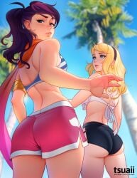 2d 2d_(artwork) 2girls ass ass_cheeks back back_view bare_arms bare_back bare_shoulders bare_thighs bikini_top blonde_female blonde_hair blue_eyes booty_shorts clothed clothed_female female female_focus female_only fiora_laurent hi_res highres league_of_legends long_hair looking_at_another looking_at_viewer looking_back luxanna_crownguard ponytail pool_party_fiora pool_party_series purple_hair riot_games shorts thick thick_ass tied_hair tsuaii