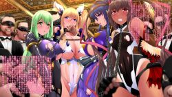 4girls 6+boys aishuu_hebiko akiyama_rinko blonde_hair bodysuit brown_hair collar green_hair imminent_rape kujahumi mizuki_yukikaze onisaki_kirara onizaki_kirara purple_hair slave taimanin_(series) taimanin_yukikaze tan_body torn_clothes translation_request